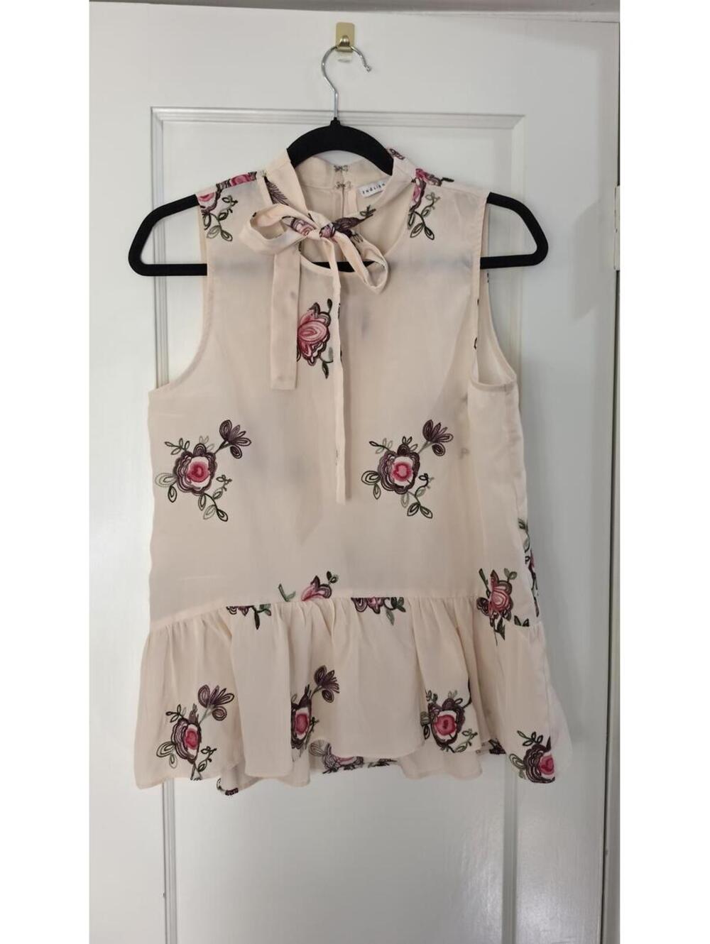 English Factory Cream Floral Sleeveless Tie-Neck Peplum Blouse